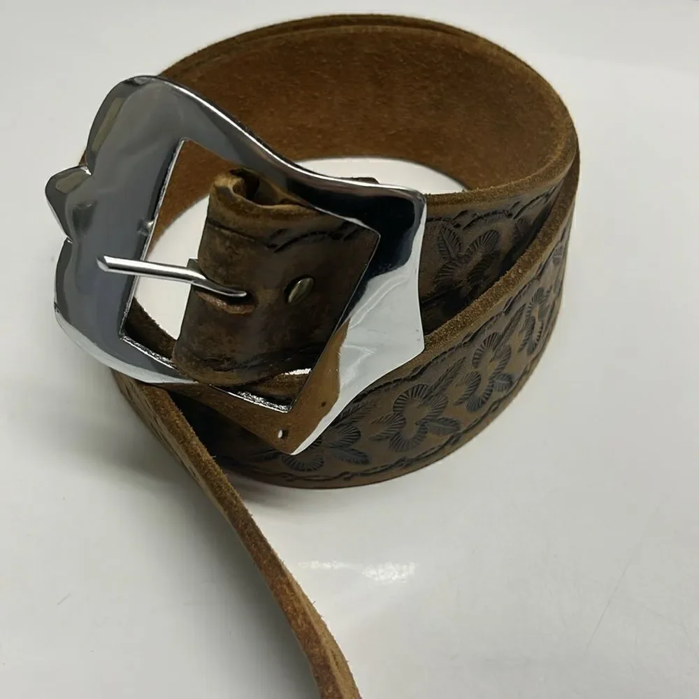 Brown Western Leather Embossed Floral Inspired Belt with Shiny Silver Hardware
